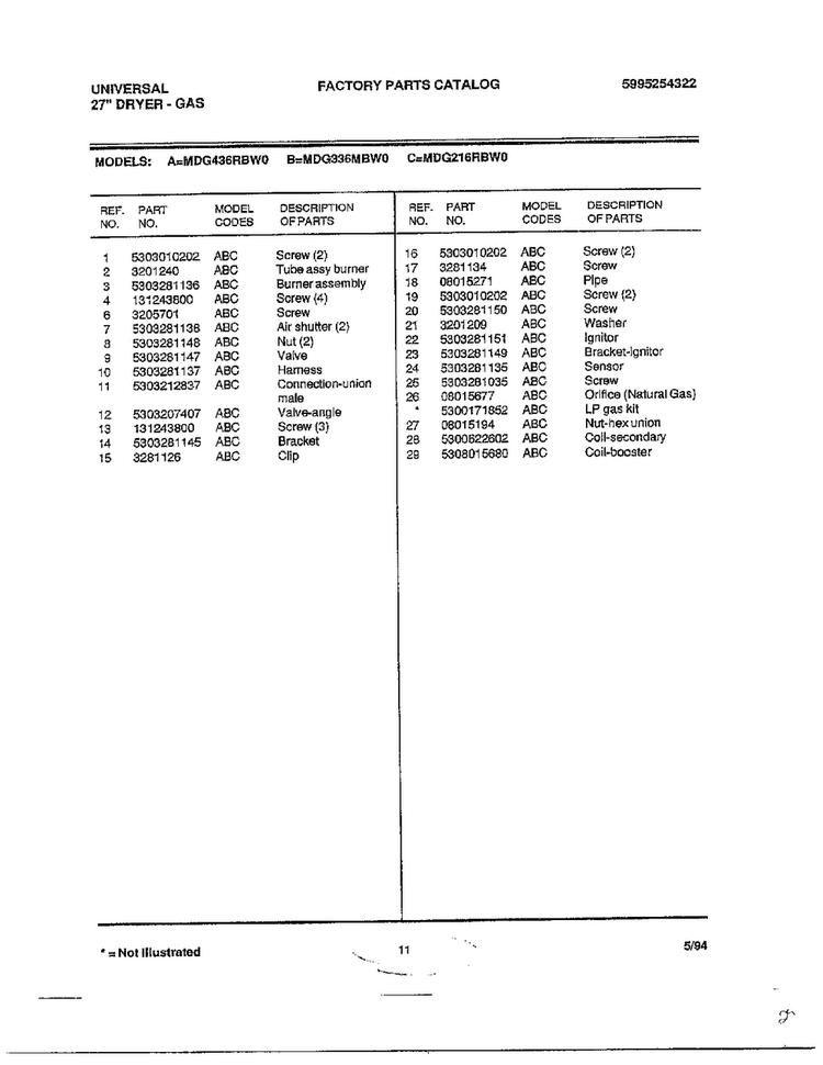 27" Dryer-gas Page 10 Diagram and Parts List for MGD436RBW0  Frigidaire Dryer