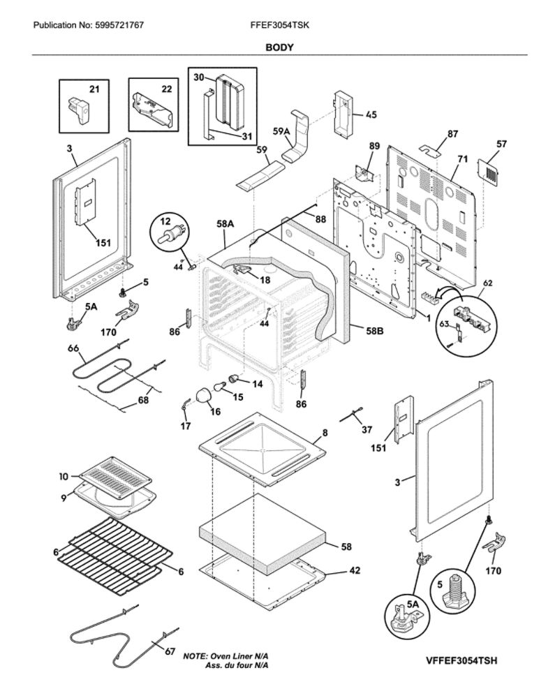 Body Diagram and Parts List for FFEF3054TSK  Frigidaire Range