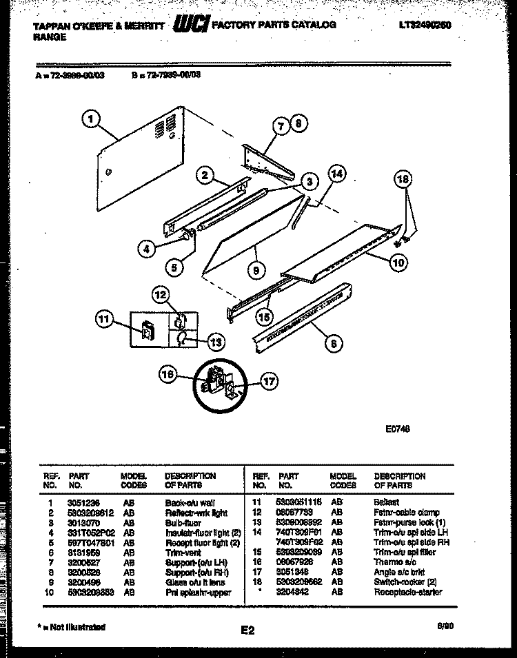SPLASHER CONTROL Diagram and Parts List for 72-3989-00-03  Tappan Range