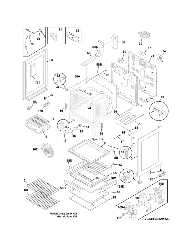 Body Diagram and Parts List for FGEF3032MFH  Frigidaire Range