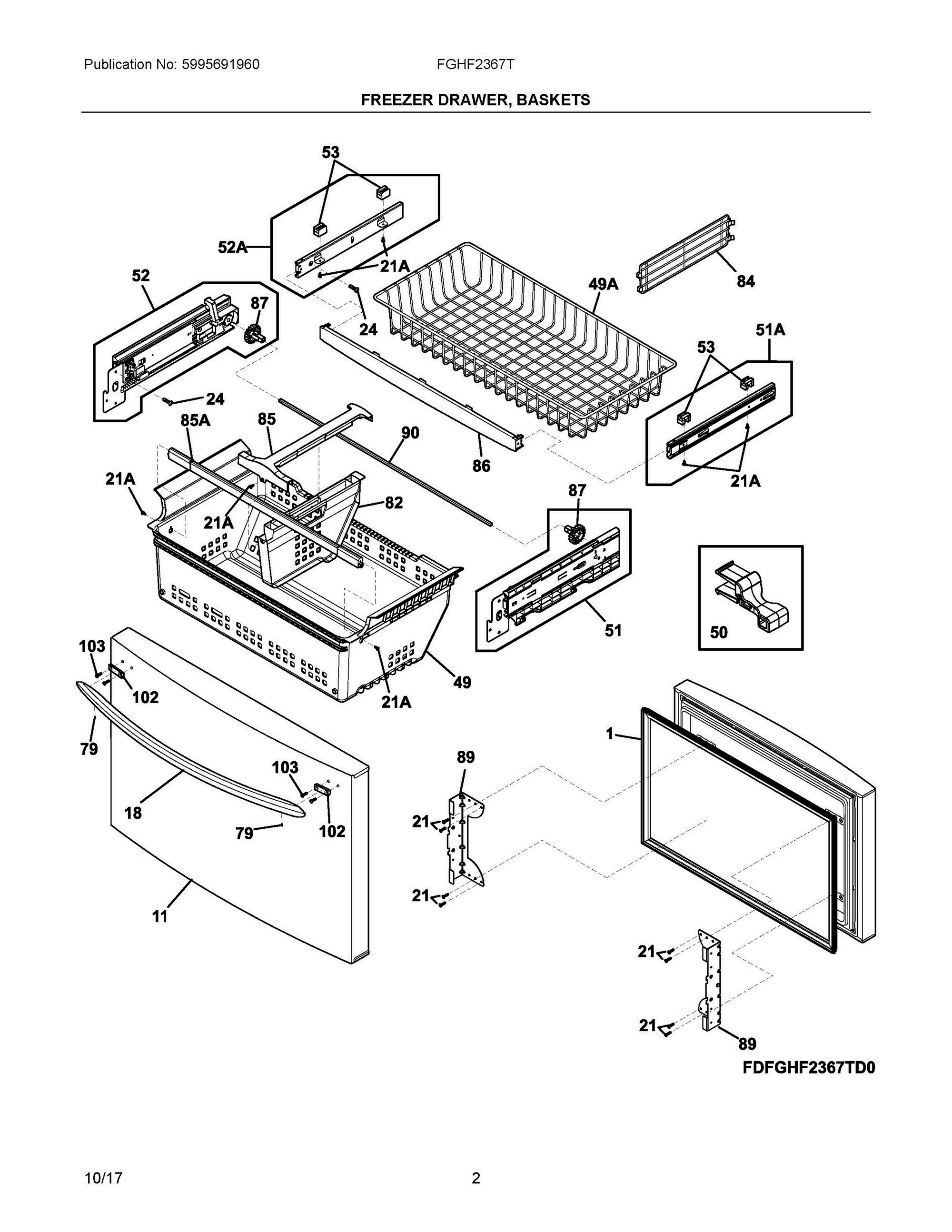 02 - FREEZER DRAWER, BASKETS Diagram and Parts List for FGHF2367TF1  Frigidaire Refrigerator