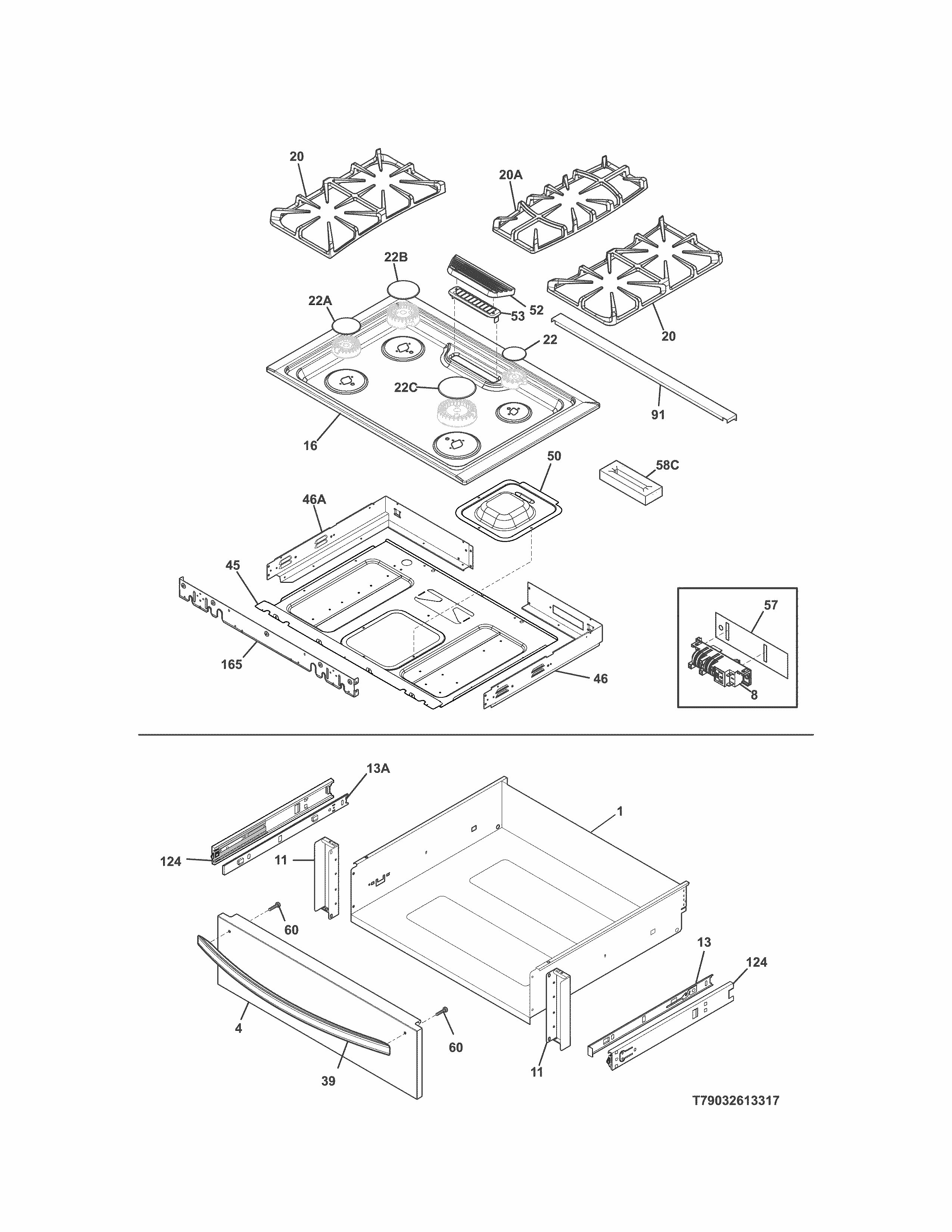 Top/drawer Diagram and Parts List for 79032613317  Kenmore Range