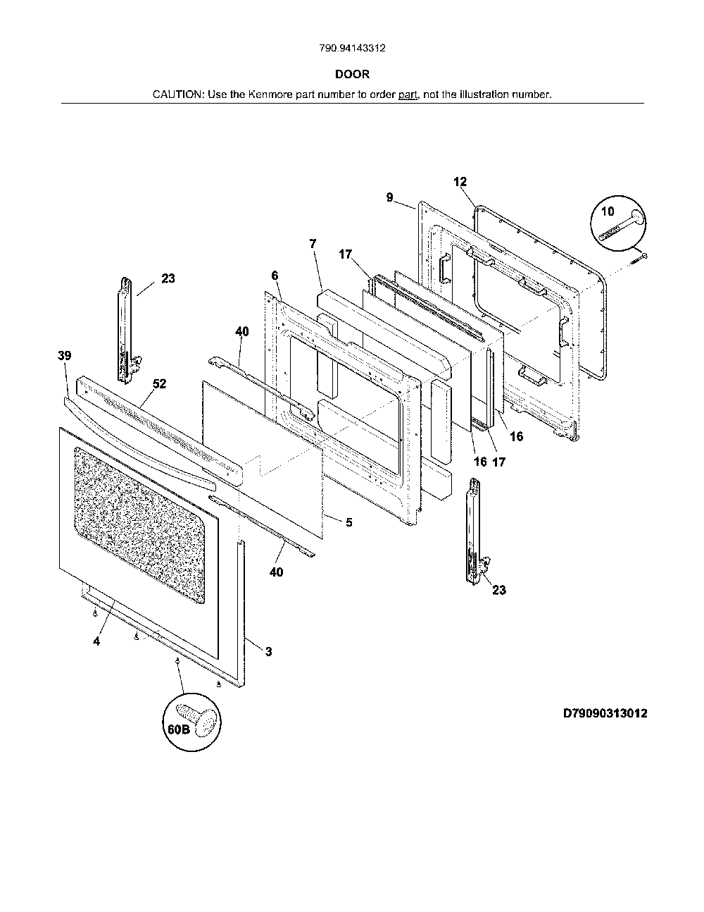 Door Diagram and Parts List for 79094143312  Kenmore Range