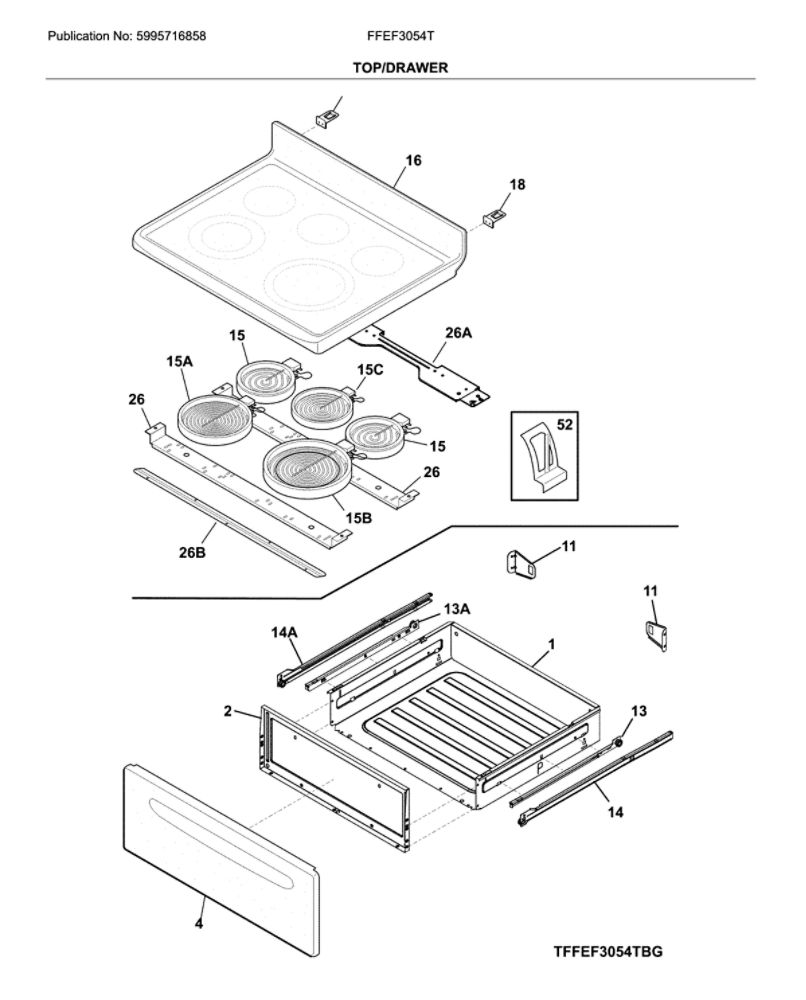 Top/Drawer Diagram and Parts List for FFEF3054TBH  Frigidaire Range
