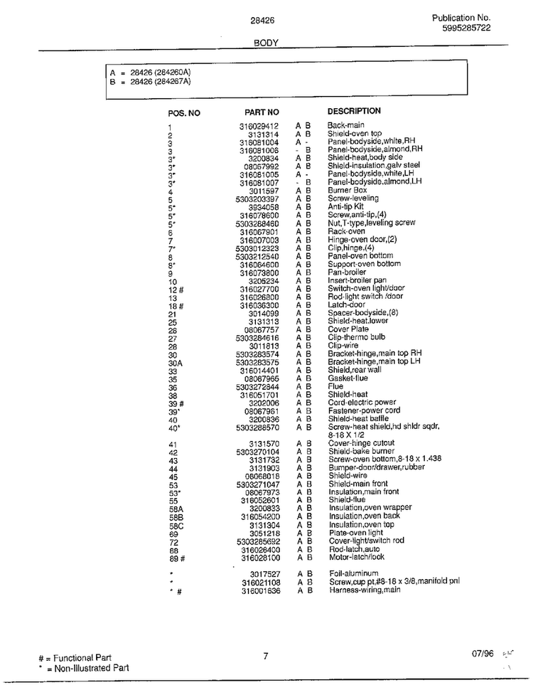 Body Page 2 Diagram and Parts List for 284260A  Frigidaire Range
