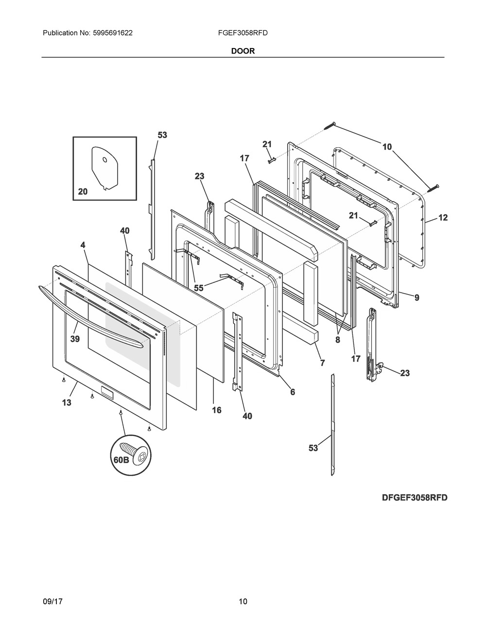 Door Diagram and Parts List for FGEF3058RFD  Frigidaire Range