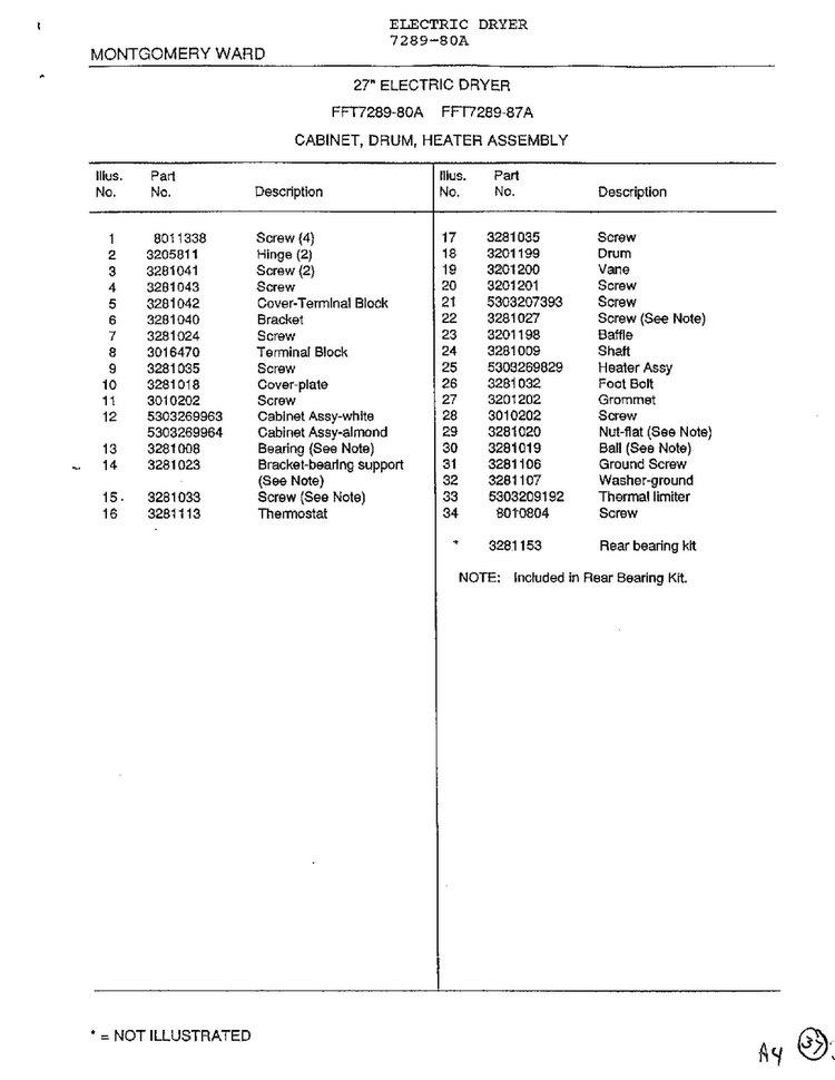 Cabinet, Drum, Heater Assembly Page 2 Diagram and Parts List for 7289-80A  Frigidaire Dryer