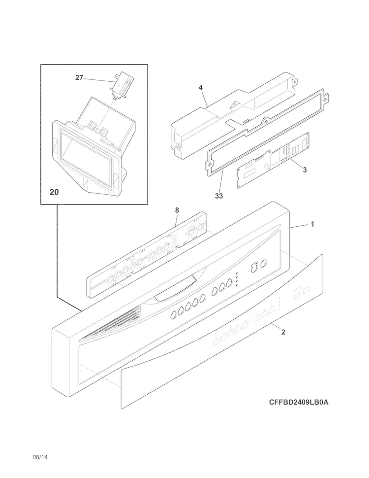 Control Panel Diagram and Parts List for FFBD2411NW3A  Frigidaire Dishwasher