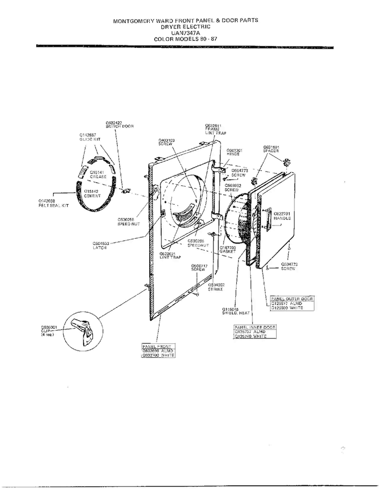 Front Panel And Door Parts Diagram and Parts List for 7347A  Frigidaire Dryer