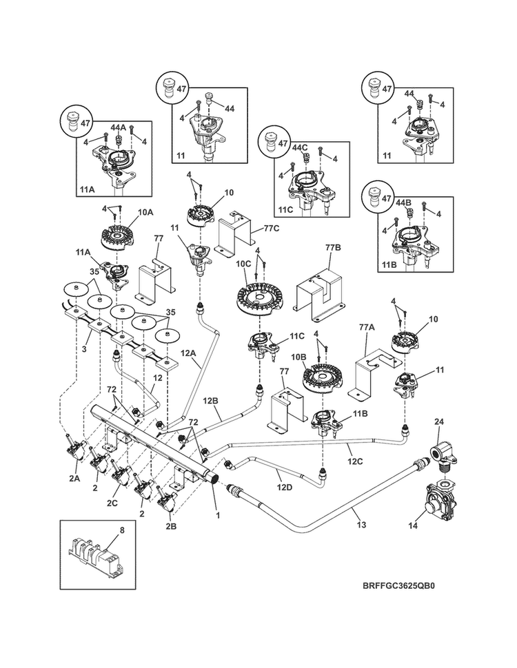 Burner Diagram and Parts List for FFGC3610QSA  Frigidaire Cooktop