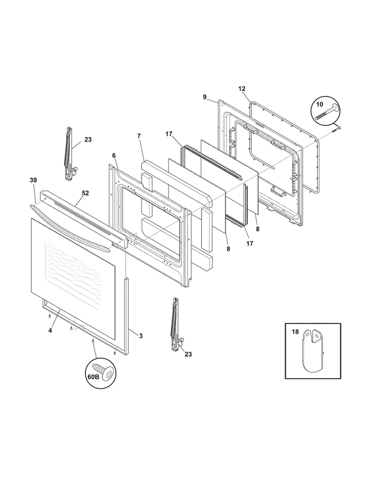 Door Diagram and Parts List for LGGF3042KWB  Frigidaire Range
