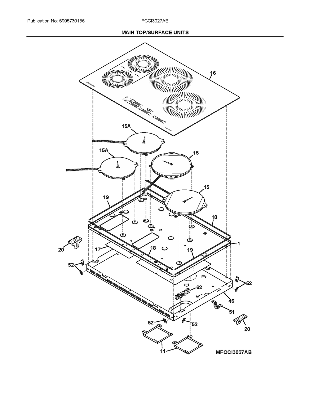 Main Top/Surface Units Diagram and Parts List for FCCI3027ABA  Electrolux Cooktop