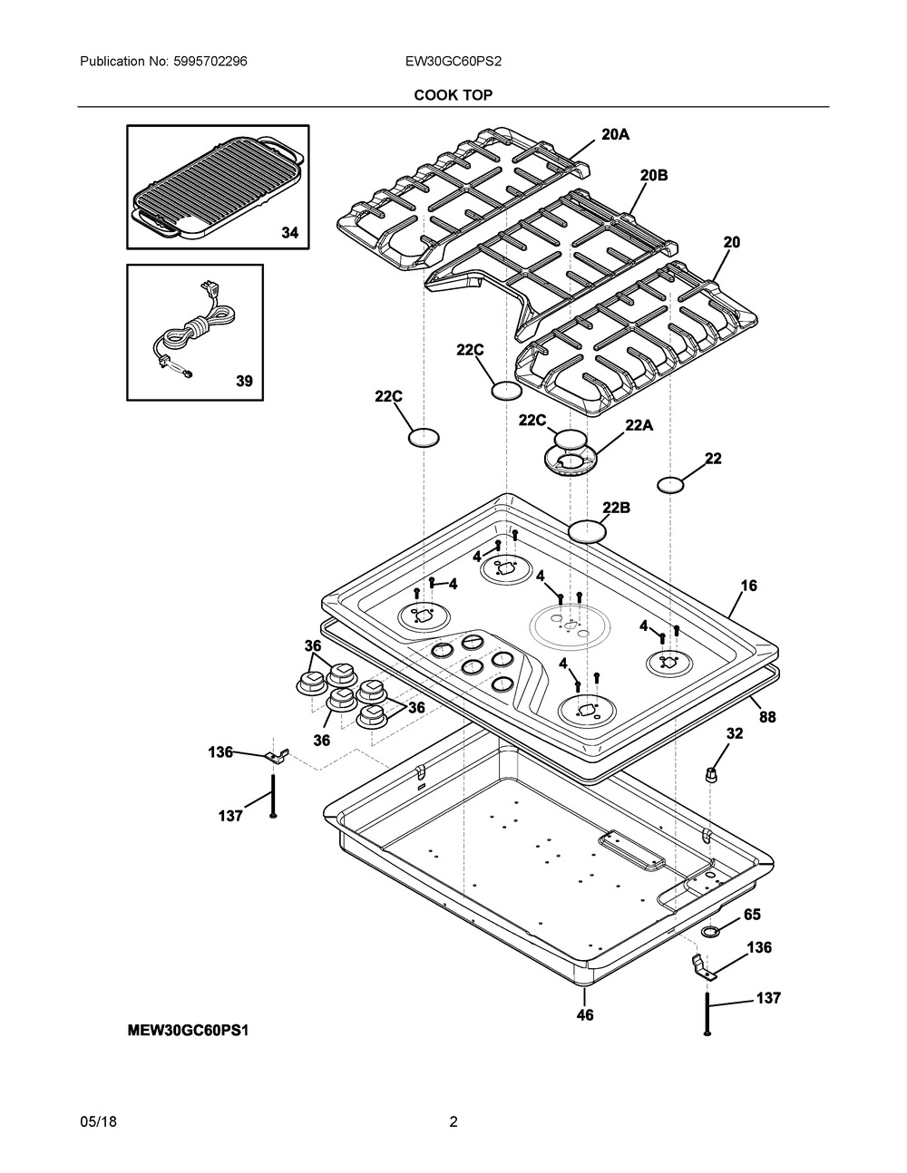 Cook Top Diagram and Parts List for EW30GC60PS2  Frigidaire Cooktop