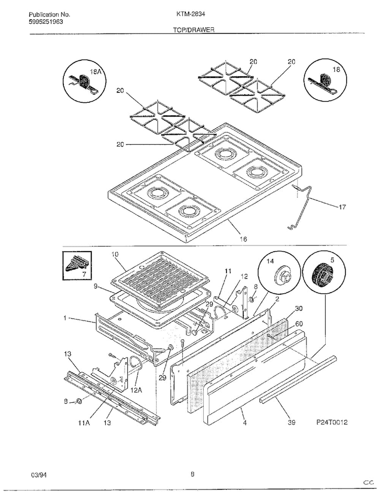 Top/drawer Diagram and Parts List for 2834-80B  Frigidaire Range