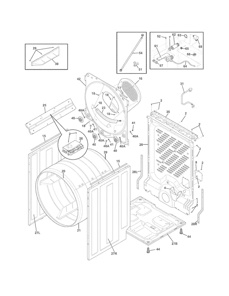 Cabinet/drum Diagram and Parts List for CASE7074NA2  Frigidaire Dryer