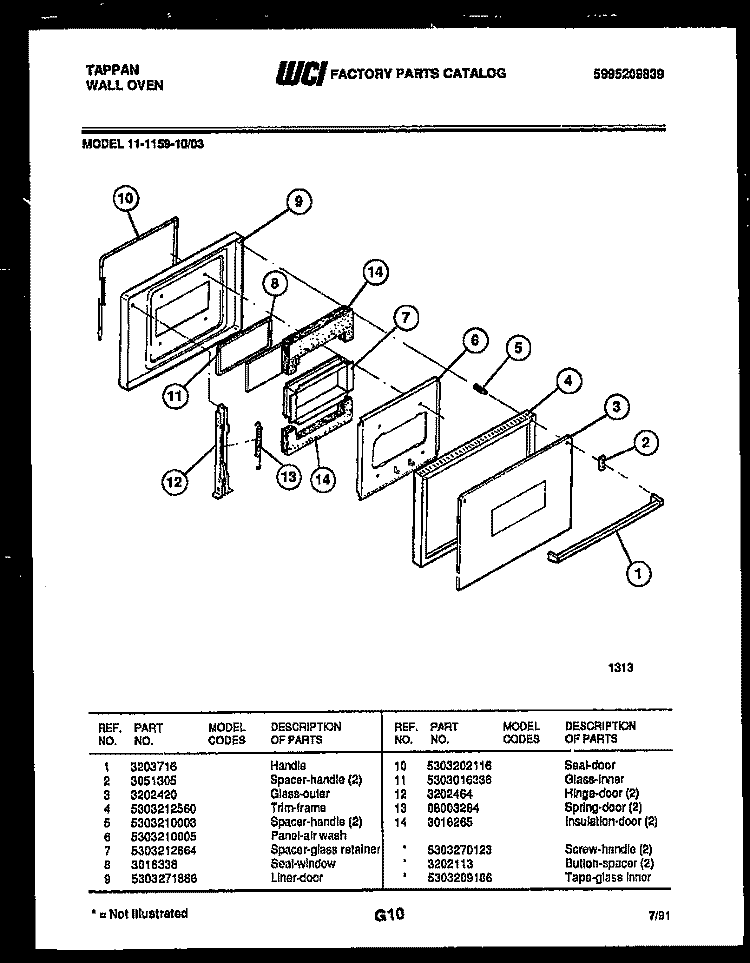 DOOR PARTS Diagram and Parts List for 11-1159-00-03  Tappan Wall Oven