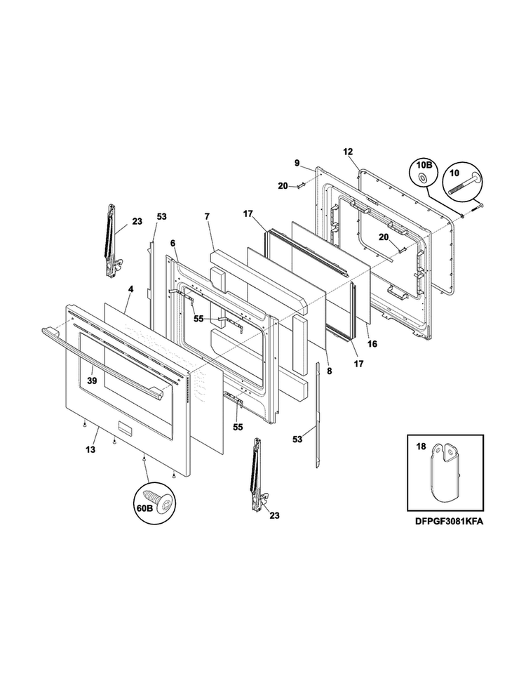 Door Diagram and Parts List for FPGF3081KFR  Frigidaire Range