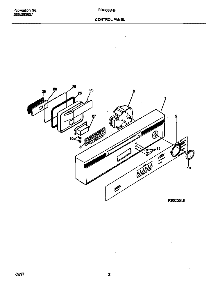 CONTROL PANEL Diagram and Parts List for FDB635RFS2  Frigidaire Dishwasher