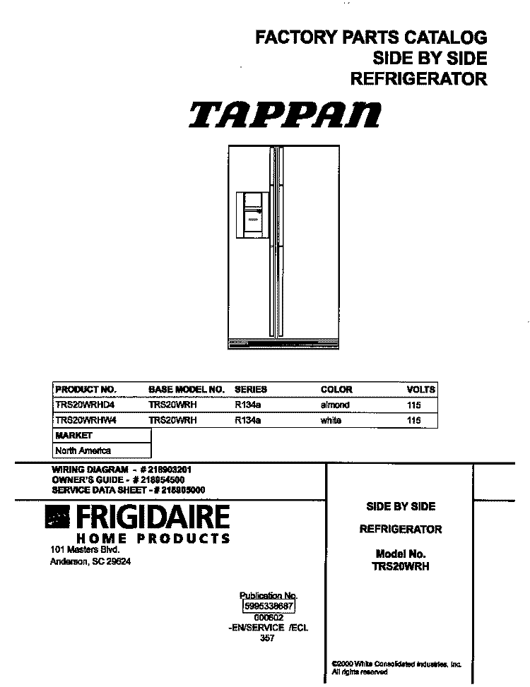 COVER Diagram and Parts List for TRS20WRHD4  Tappan Refrigerator