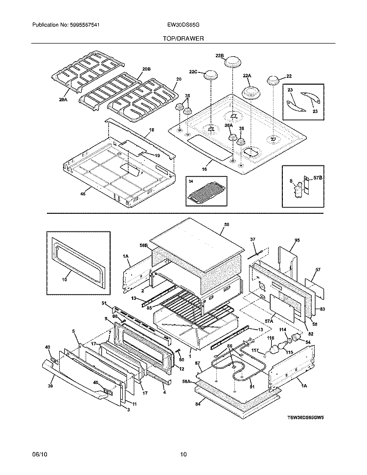 TOP/DRAWER Diagram and Parts List for EW30DS65GW5  Electrolux Range