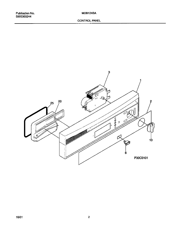 CONTROL PANEL Diagram and Parts List for MDB124BAB0  Uni Dishwasher