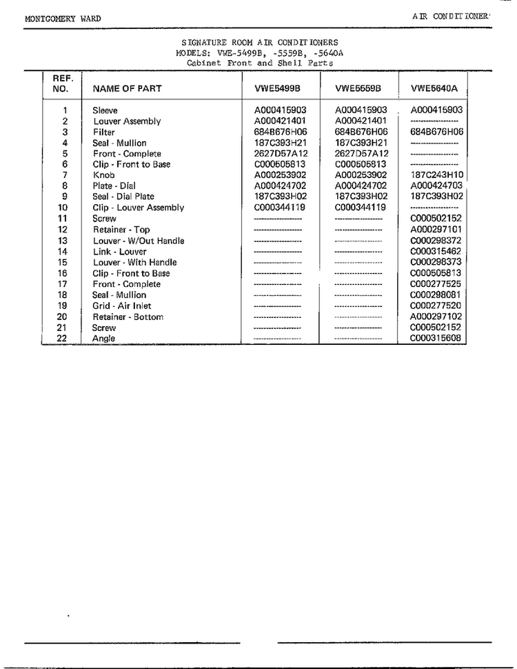 Cabinet Front/shell Parts Page 2 Diagram and Parts List for 5559B  Frigidaire Air Conditioner