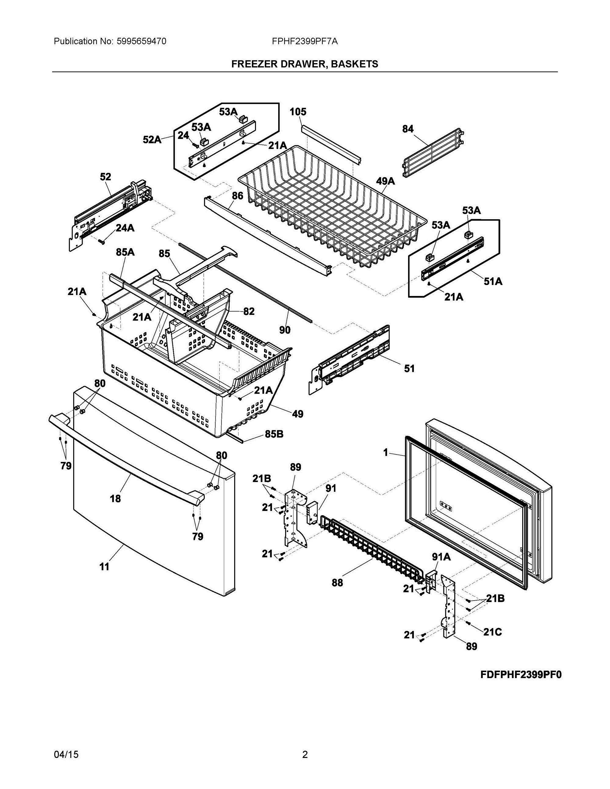 02 - FREEZER DRAWER, BASKETS Diagram and Parts List for FPHF2399PF7A  Frigidaire Refrigerator