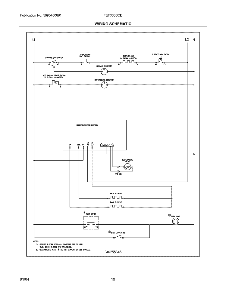 WIRING SCHEMATIC Diagram and Parts List for FEF336BCE  Frigidaire Range
