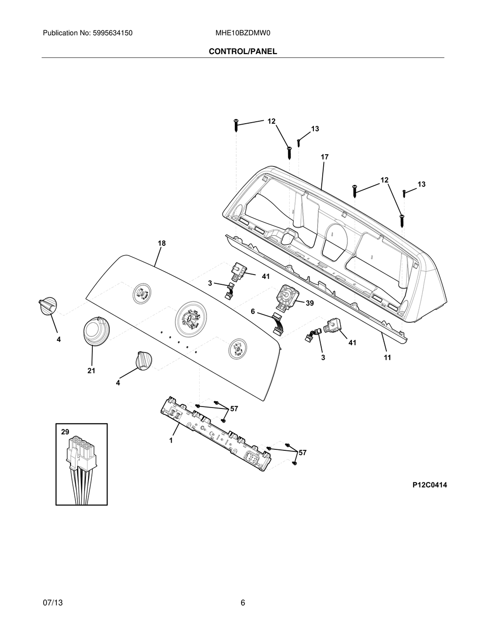 Control/Panel Diagram and Parts List for MHE10BZDMW0  Frigidaire Washer