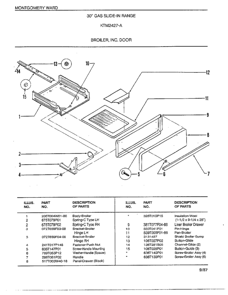 Broiler, Inc. Door Diagram and Parts List for 2427A  Frigidaire Range