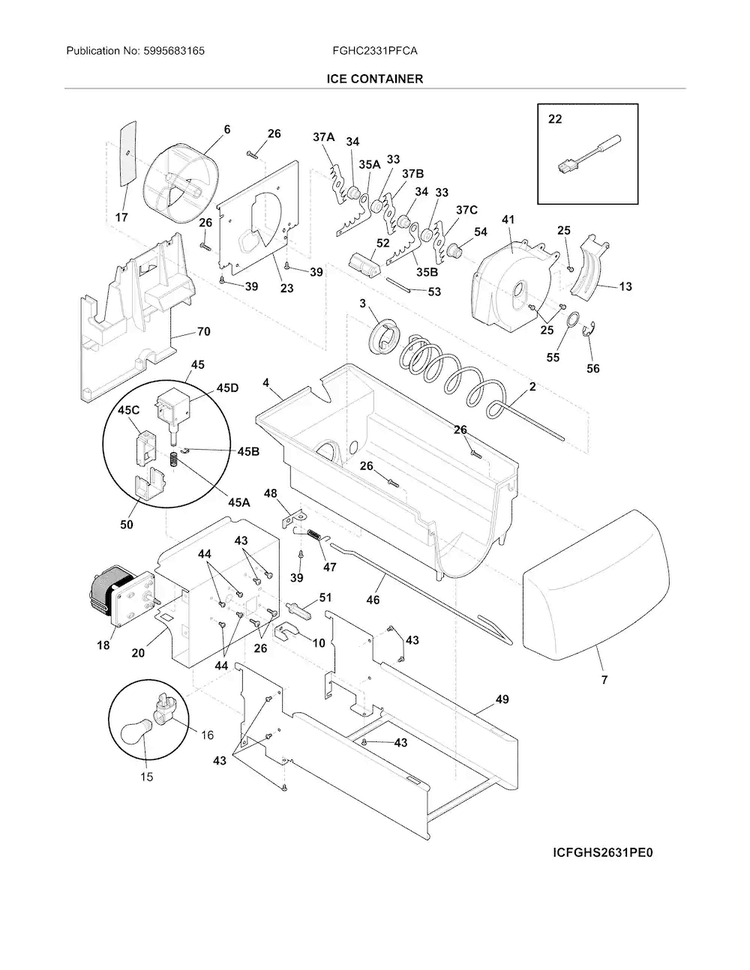 Ice Container Diagram and Parts List for FGHC2331PFCA  Frigidaire Refrigerator