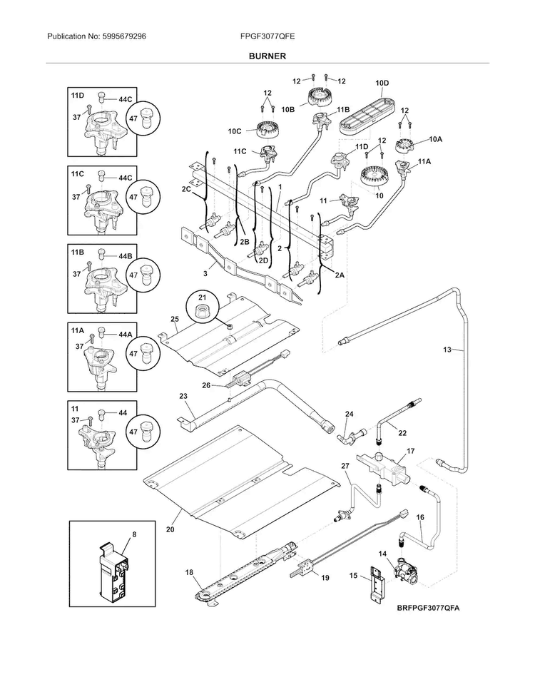 Burner Diagram and Parts List for FPGF3077QFE  Frigidaire Range