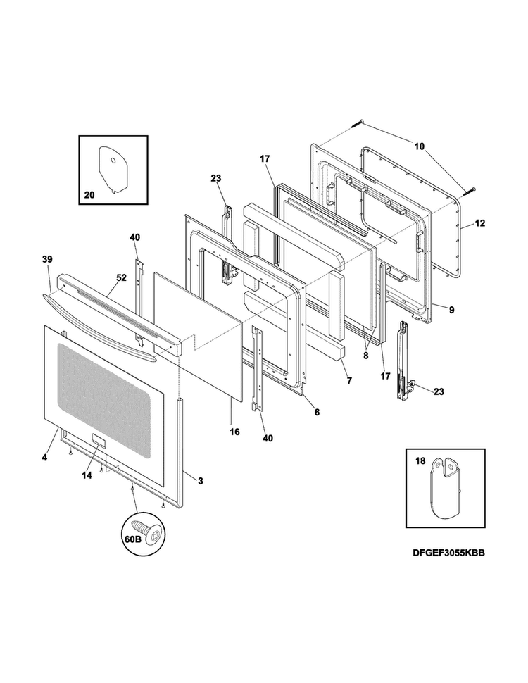Door Diagram and Parts List for CGEF3055MWD  Frigidaire Range