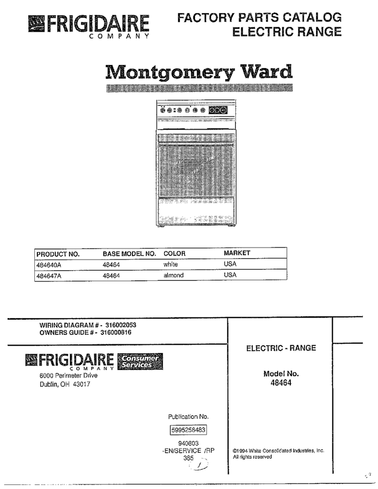 Electric Range/front Cover Diagram and Parts List for 484640A  Frigidaire Range