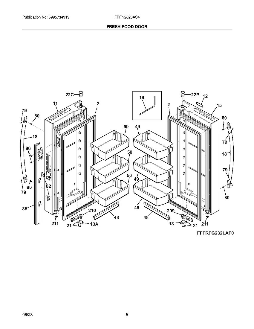 Fresh Food Door Diagram and Parts List for FRFN2823AS4  Frigidaire Refrigerator