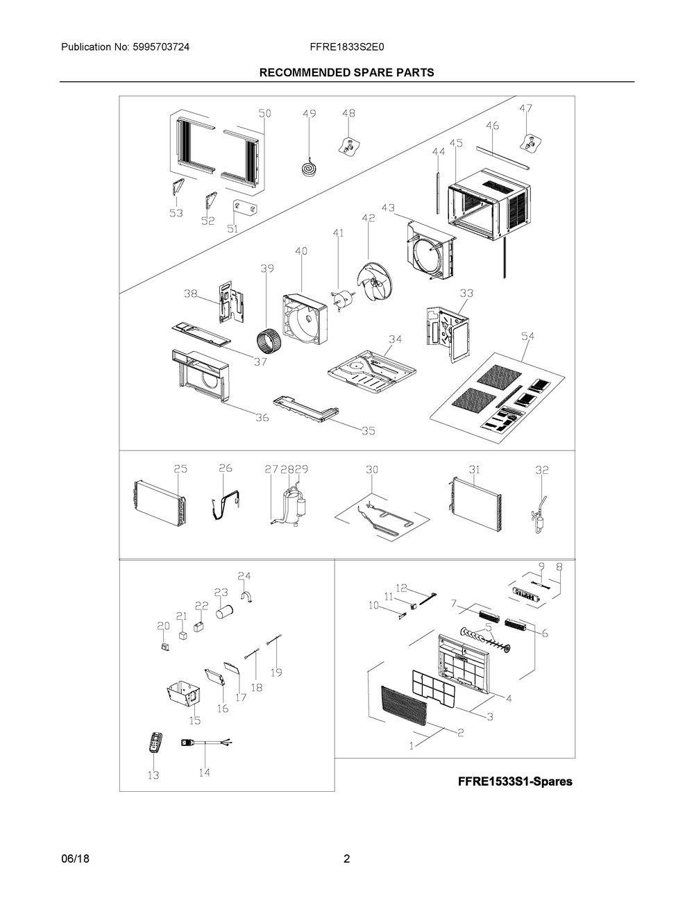 Recommended Spare Parts Diagram and Parts List for FFRE1833S2E0  Frigidaire Air Conditioner