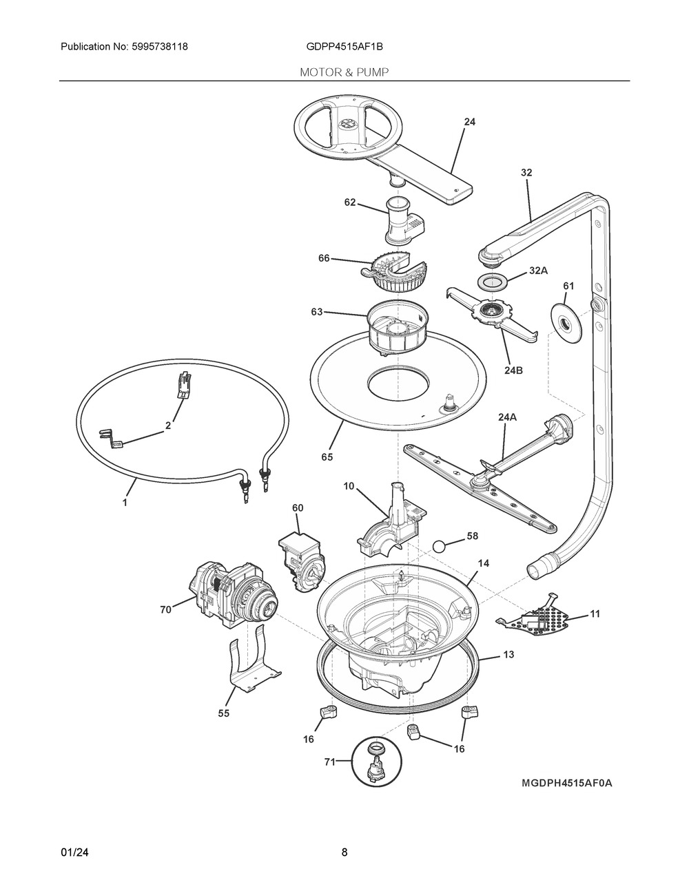 Motor And Pump Diagram and Parts List for GDPP4515AF1B  Frigidaire Dishwasher