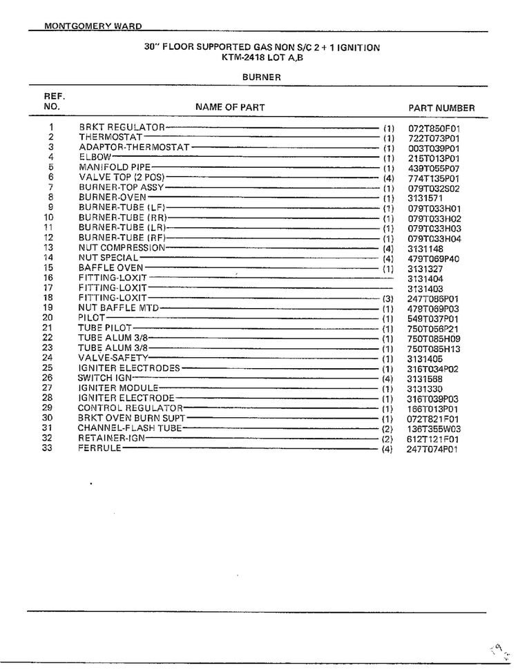 Burner Page 2 Diagram and Parts List for 2418A  Frigidaire Range