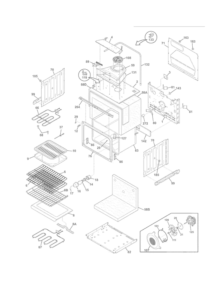 Upper Oven Diagram and Parts List for FGET3045KBB  Frigidaire Wall Oven