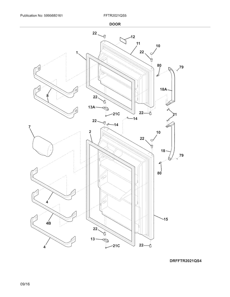 Door Diagram and Parts List for FFTR2021QS5  Frigidaire Refrigerator