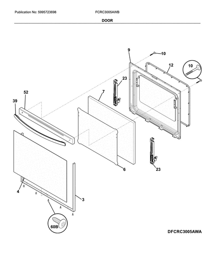 Door Diagram and Parts List for FCRC3005AWB  Frigidaire Range