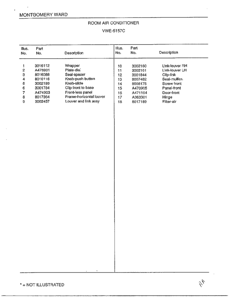 Roon Air Conditioner Page 2 Diagram and Parts List for 5198B  Frigidaire Air Conditioner