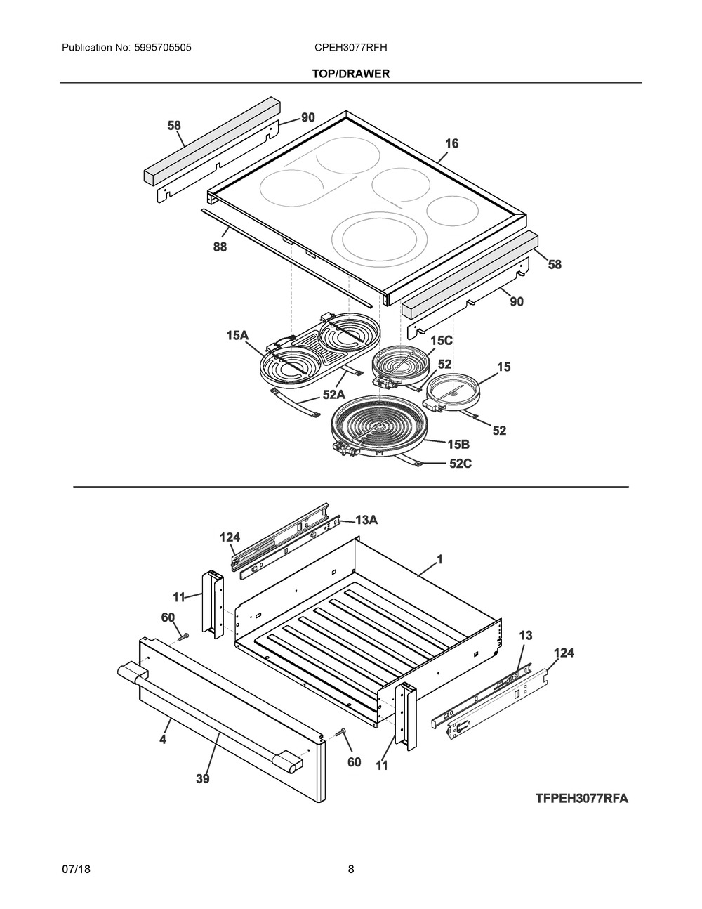 Top/drawer Diagram and Parts List for CPEH3077RFH  Frigidaire Range