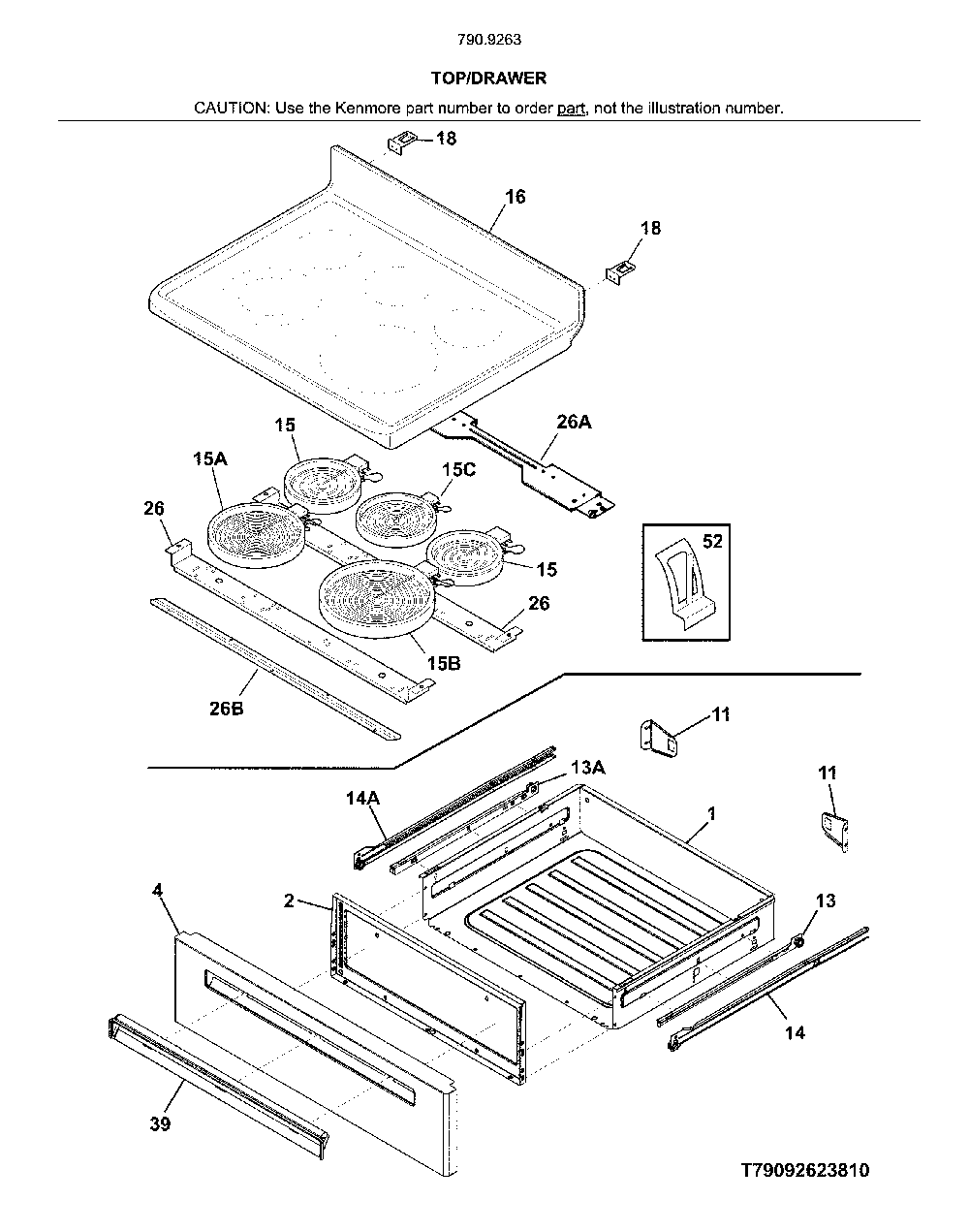 Top/drawer Diagram and Parts List for 79092635810  Kenmore Range