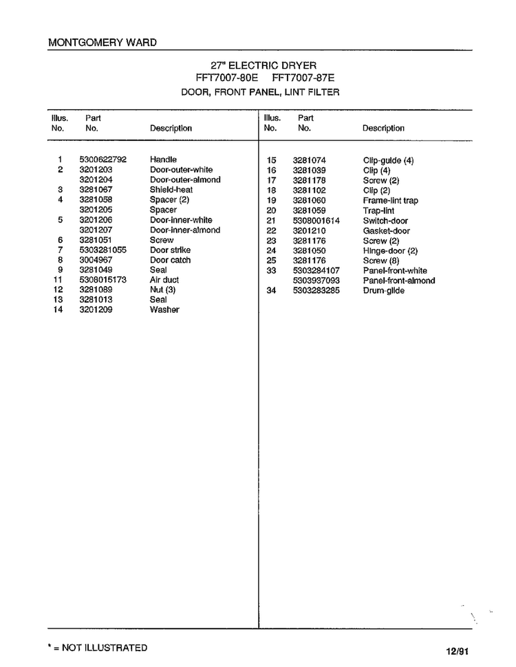Door/front Panel/lint Filter  Page 2 Diagram and Parts List for 7007-87E  Frigidaire Dryer