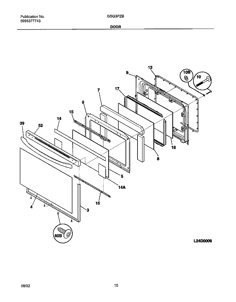 DOOR Diagram and Parts List for GSG3PZBBA  Frigidaire Range