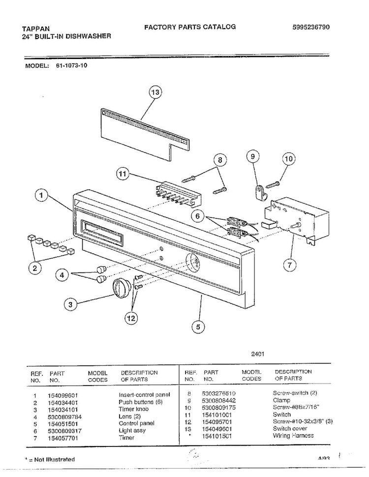Control Panel Diagram and Parts List for 61-1073-10  Frigidaire Dishwasher
