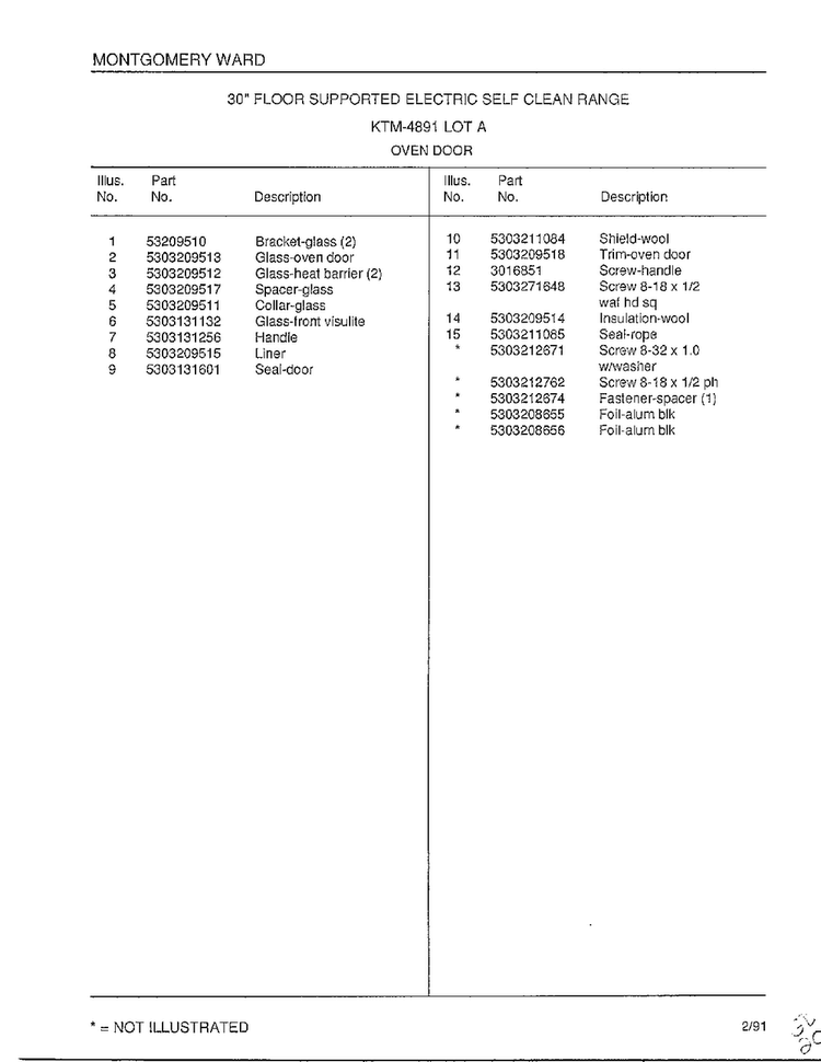 Oven Door Page 2 Diagram and Parts List for 4891A  Frigidaire Range