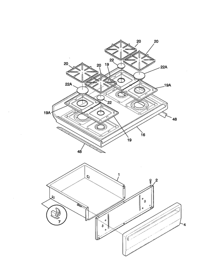 Top/drawer Diagram and Parts List for TGF375BHBB  Tappan Range