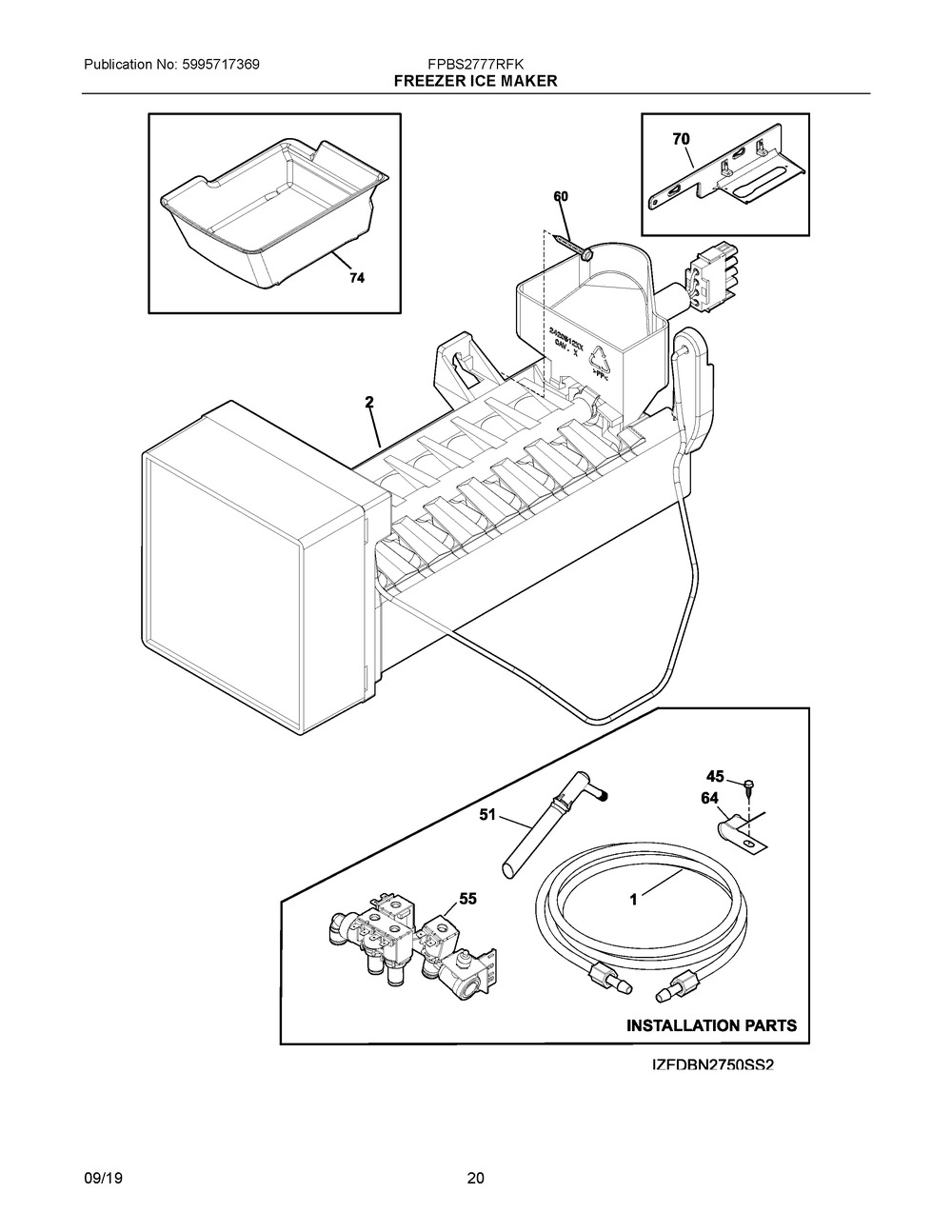 Freezer Ice Maker Diagram and Parts List for FPBS2777RFK  Frigidaire Refrigerator